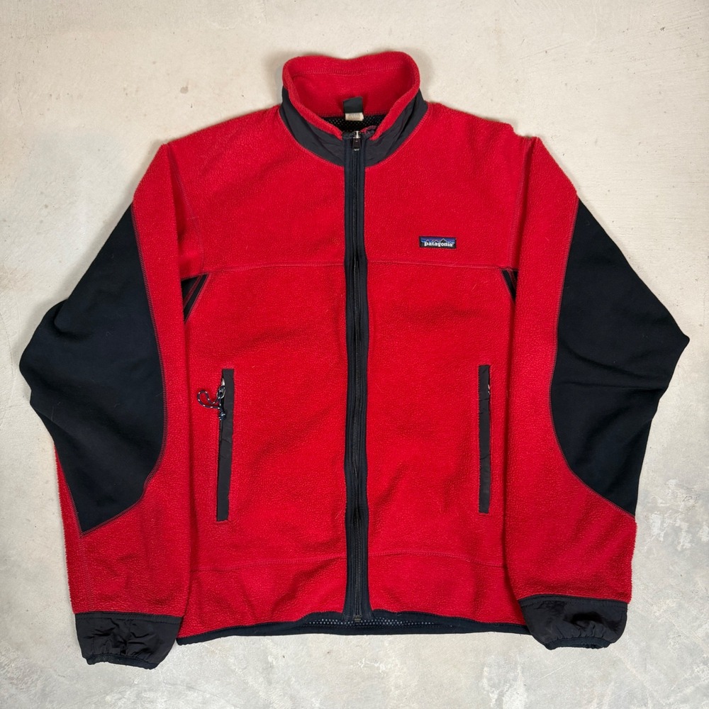 Patagonia Mens Vintage PEF Windproof Fleece Jacket Red Black Full Zip Medium USA